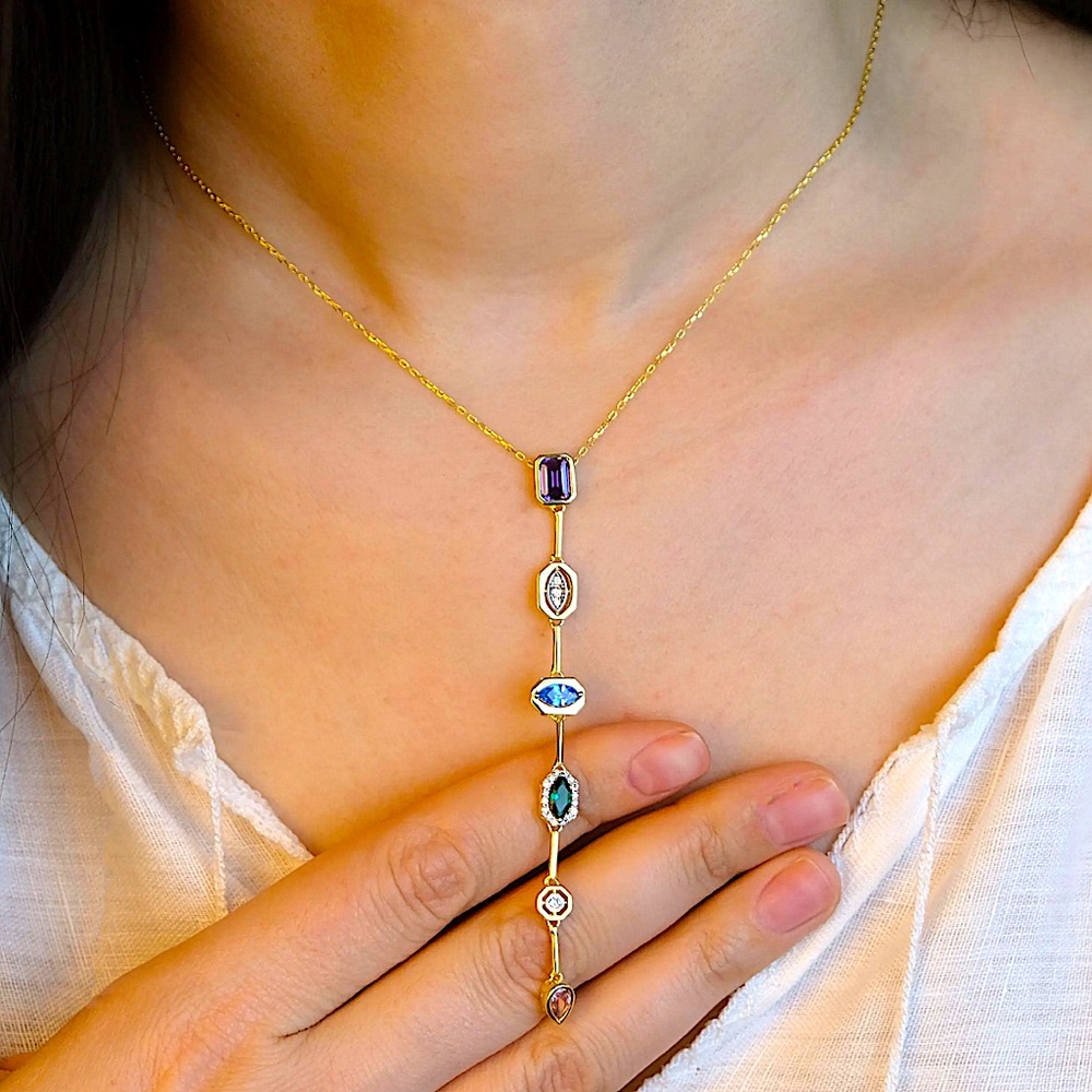 Gold Plated Stainless Steel Multicolor Zircon Tier Necklace Statement - Picture 12 of 17